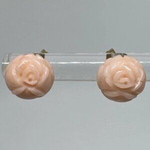 14k Gold & Carved Angel Skin Coral Flower Earrings Studs Roses 585 Karat Vintage